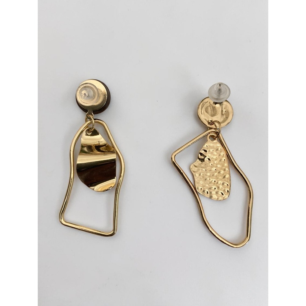 Gold Abstract Geometric Statement Drop Earrings Boho Asymmetrical Artsy - Picture 13 of 15